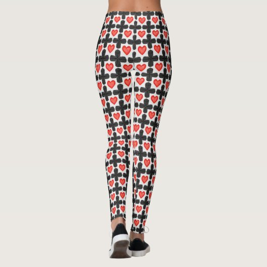 Cross Shaped Checkered Pattern with Red Hearts Leggings (Achterkant)