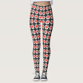 Cross Shaped Checkered Pattern with Red Hearts Leggings