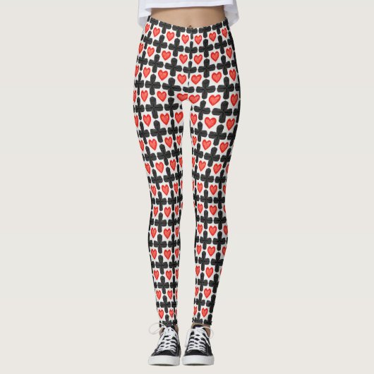 Cross Shaped Checkered Pattern with Red Hearts Leggings (Voorkant)