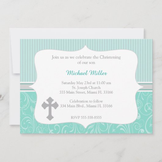 Cross Turquoise Christening Uitnodiging (Voorkant)