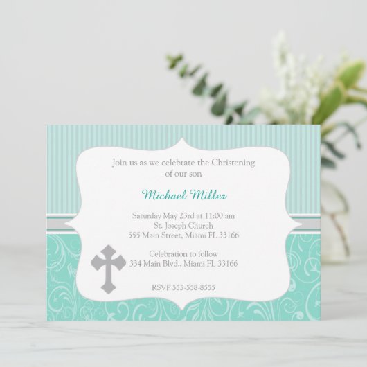 Cross Turquoise Christening Uitnodiging (Staand voorkant)