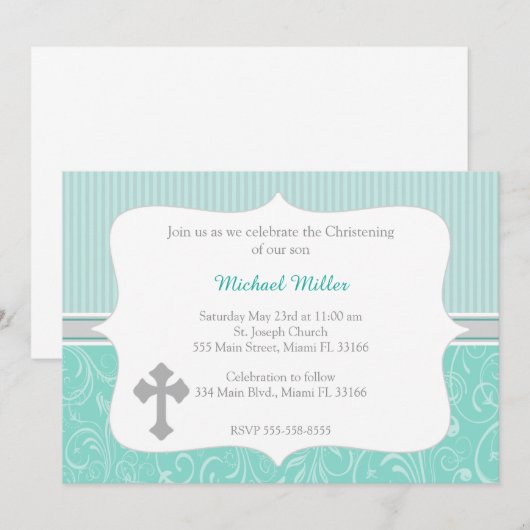 Cross Turquoise Christening Uitnodiging (Voorkant / Achterkant)