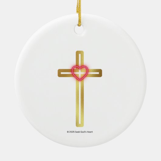 Cross with Heart in the Middle - round, Keramisch Ornament (Achterkant)