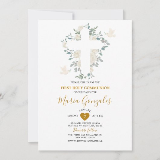 Cross Witte Bloemen Meisje Eerste Heilige Communie Kaart (Voorkant)