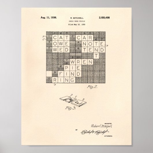 Cross Word Puzzle 1936 Patent Art Old Peper Poster (Voorkant)