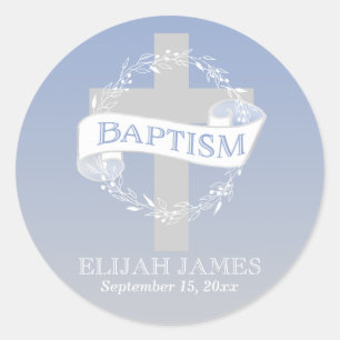 Cross Wreath   Berries Baby Boy Baptisme Ronde Sticker