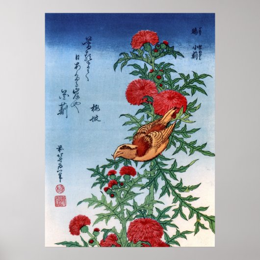 Crossbill on a Thistle, Hokusai Poster (Voorkant)
