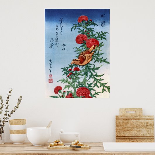 Crossbill on a Thistle, Hokusai Poster (Keuken)