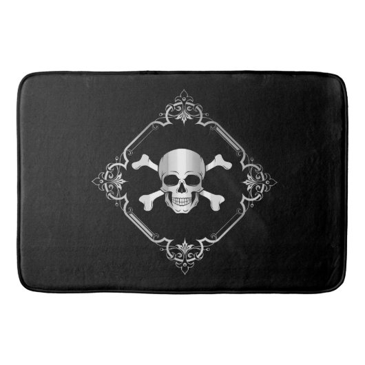 Crossbones/Jolly Roger/Pirate/Black/Silver Bath Ma Badmat (Voorkant)