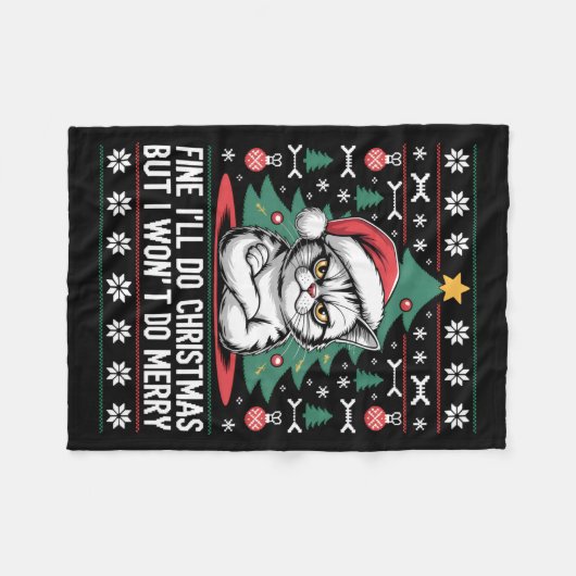 Crossed Arms Cat Funny Christmas Ugly Sweater Long Fleece Deken (Voorkant (Horizontaal))