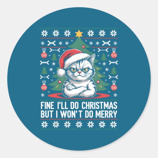 Crossed Arms Cat Funny Christmas Ugly Sweater Long Ronde Sticker (Voorkant)