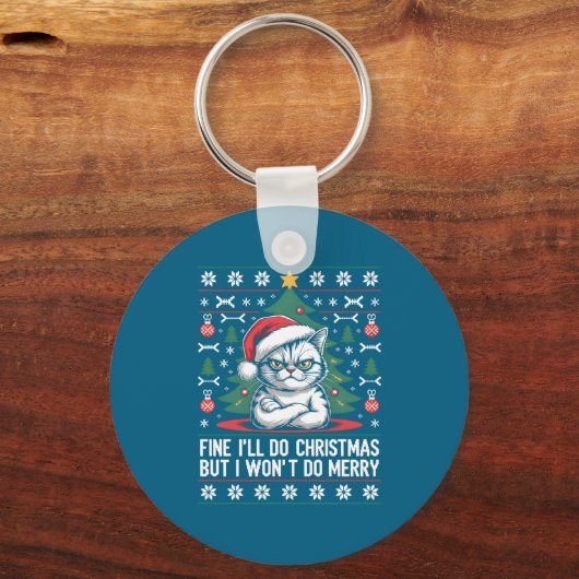 Crossed Arms Cat Funny Christmas Ugly Sweater Long Sleutelhanger (Voorkant)