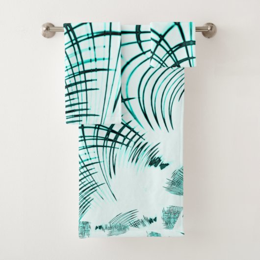 Crossed cyan aqua curved trace on light background bad handdoek (Insitu)