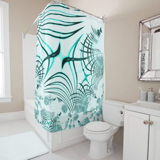 Crossed cyan aqua curved trace on light background douchegordijn (In situ)