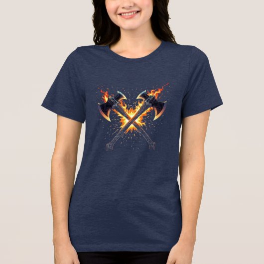 Crossed Fantasy Axes with Fiery Energy – Powerful  Tri-Blend Shirt (Voorkant)