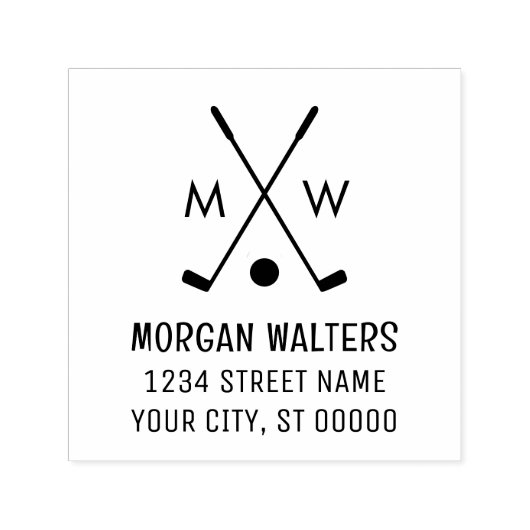 Crossed Golf Clubs Golf Ball Monogram Naam Adres Zelfinktende Stempel (Design)