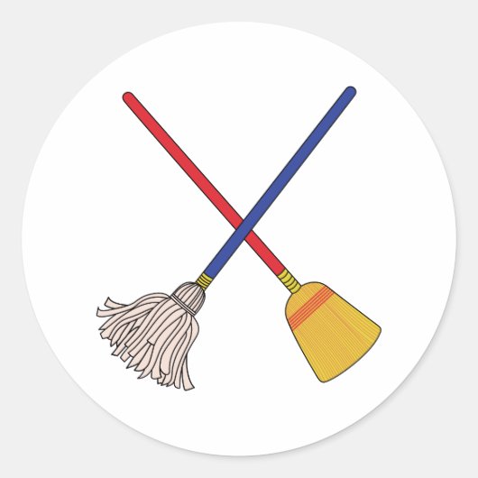 Crossed Mop & Broom Ronde Sticker (Voorkant)