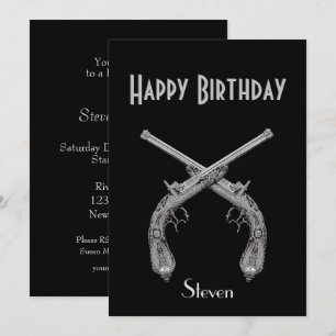 Crossed Pistols Black Birthday Party Invitation Kaart