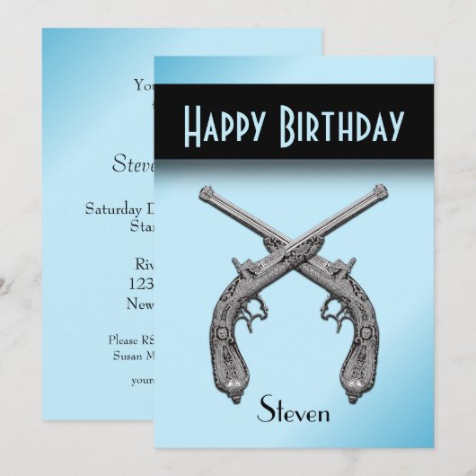 Crossed Pistols Blue Birthday Party Invitation Kaart (Voorkant / Achterkant)