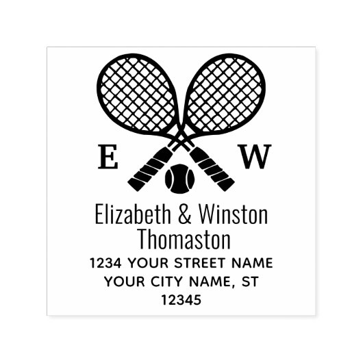 Crossed Tennis Racquets Monogram Naam Adres Zelfinktende Stempel (Design)