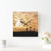 Crosses en Sunset "He is Risen" Paasmuur-klok Vierkante Klok (Huis)