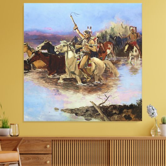 "Crossing the River" door Charles M Russell Canvas Afdruk (Insitu (Woonkamer))