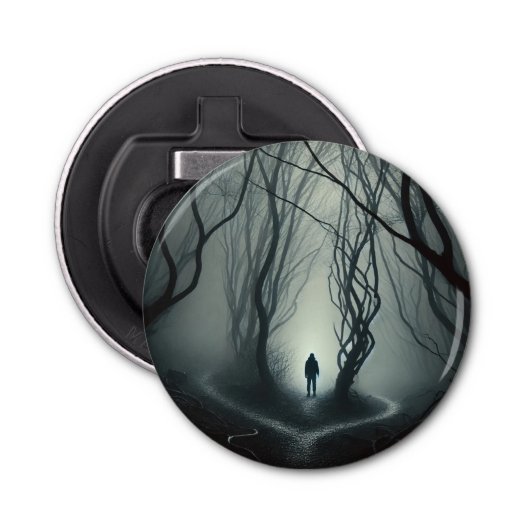 Crossroads in the Fog - Gloomy Forest Art Print Button Flesopener (Voorkant)