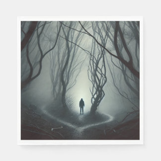 Crossroads in the Fog - Gloomy Forest Art Print Servet