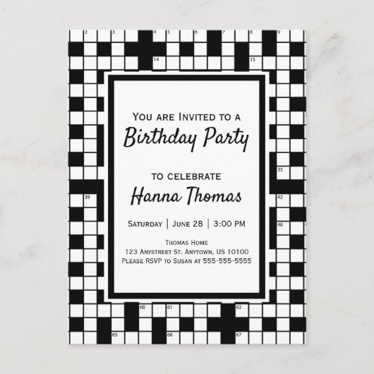 Crossword Puzzle Theme Birthday Invitation Postcar Uitnodiging Briefkaart (Voorkant)