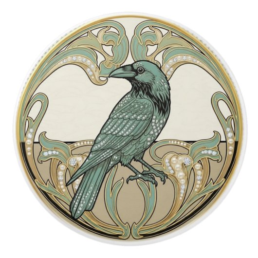 Crow Bird Sage Green & Gold Art Deco Nouveau Keramische Knop (Voorkant)