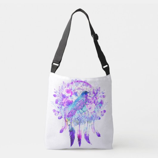 Crow Dreamcatcher Blauw Paarse Bloemen Crossbody Tas (Voorkant)