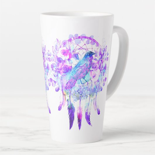 Crow Dreamcatcher Blauw Paarse Bloemen Latte Mok (Rechterhoek)