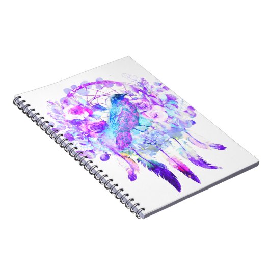 Crow Dreamcatcher Blauw Paarse Bloemen Notitieboek (Rechterzijde)