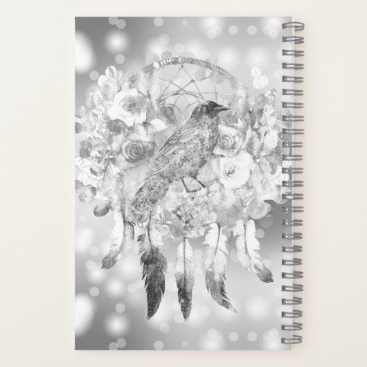 Crow Dreamcatcher Blauw Paarse Bloemen Notitieboek (Achterkant)