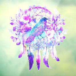 Crow Dreamcatcher Blauw Paarse Bloemen Raamsticker