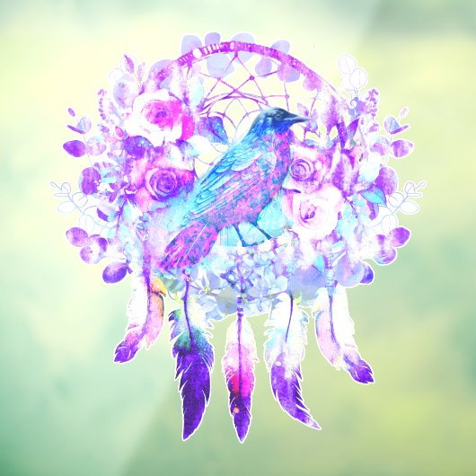 Crow Dreamcatcher Blauw Paarse Bloemen Raamsticker (Vel 3)