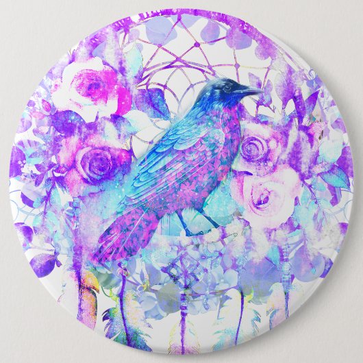 Crow Dreamcatcher Blauw Paarse Bloemen Ronde Button 6,0 Cm (Voorkant)