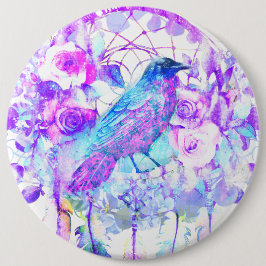 Crow Dreamcatcher Blauw Paarse Bloemen Ronde Button 6,0 Cm