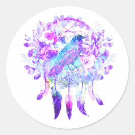 Crow Dreamcatcher Blauw Paarse Bloemen Ronde Sticker