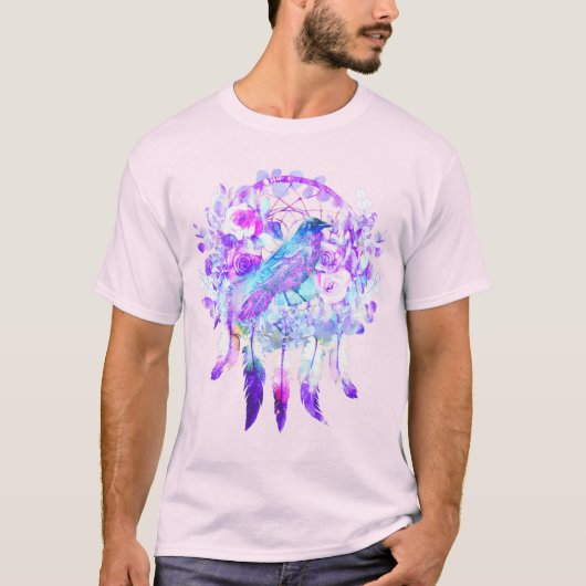Crow Dreamcatcher Blauw Paarse Bloemen T-shirt (Voorkant)