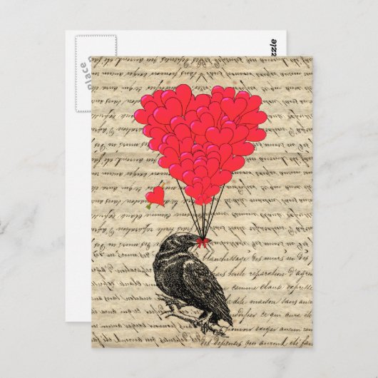  Crow en hartvormige ballonnen Briefkaart (Voorkant / Achterkant)