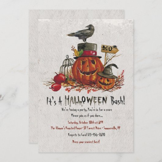 Crow en pompoenen Halloween uitnodiging (Voorkant / Achterkant)