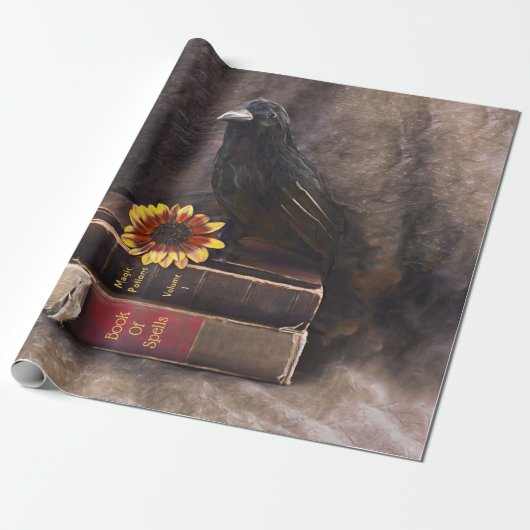 Crow Gothic  Old Books Sunflower Floral Cadeaupapier (Uitgerold)