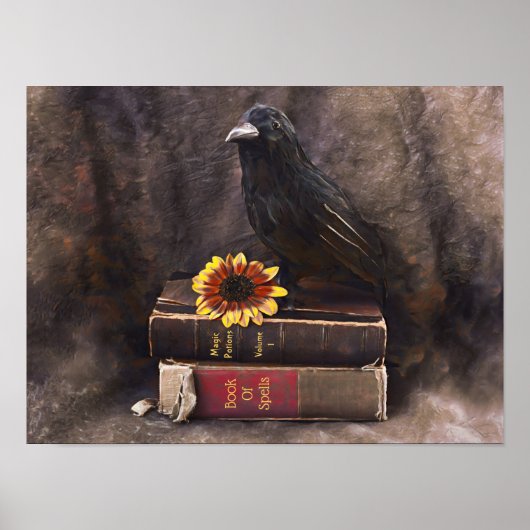 Crow Gothic  Old Books Sunflower Floral Poster (Voorkant)