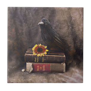 Crow Gothic  Old Books Sunflower Floral Tegeltje