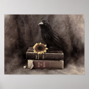 Crow Gothic Old Books Sunflower Poster