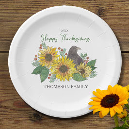 Crow in Autumn Flowers Family Thanksgiving Dessert Papieren Bordje
