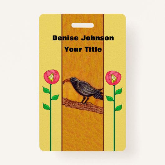 Crow met twee Abstracte rode bloemen op Stems Yell Badge (Voorkant)