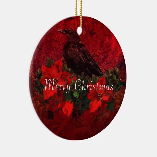 Crow on Poinsettias and Holly Kerstversient Keramisch Ornament (Rechts)