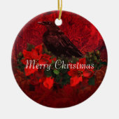 Crow on Poinsettias and Holly Kerstversient Keramisch Ornament (Voorkant)